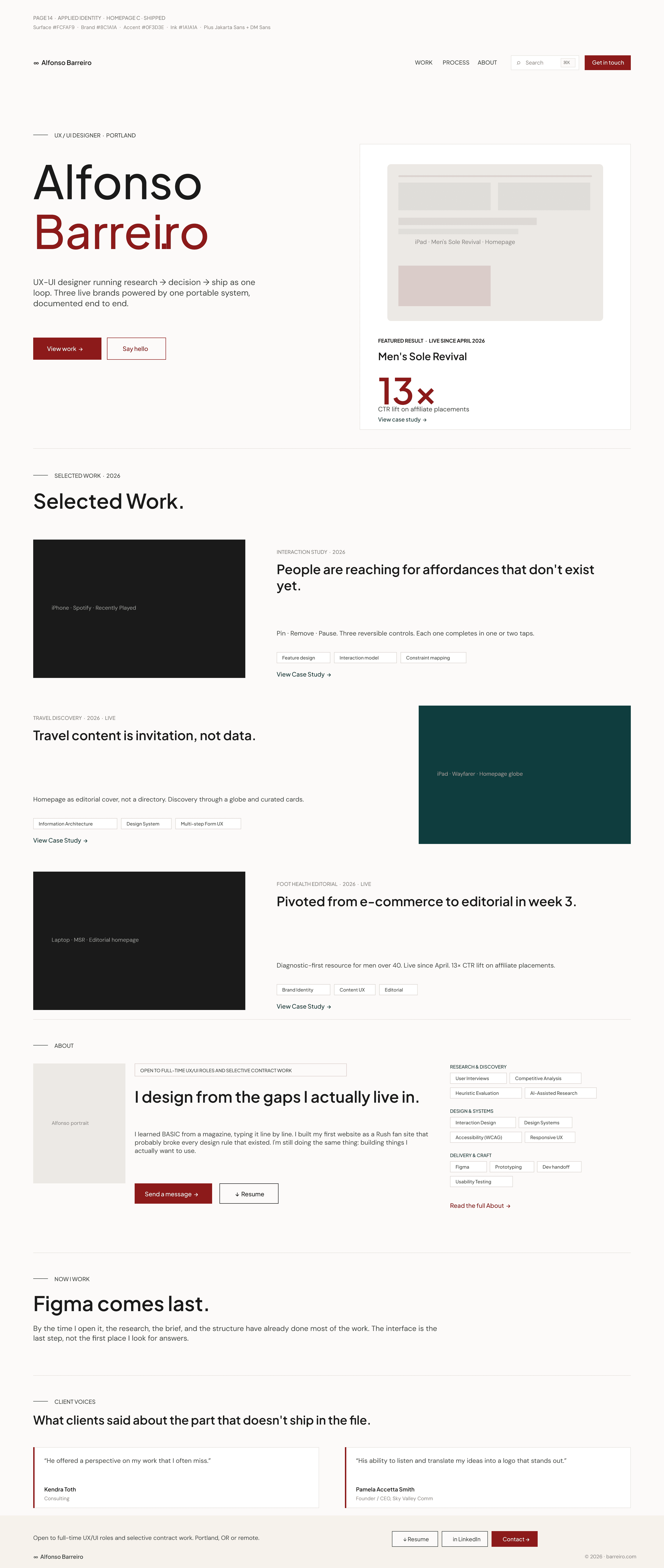 The wireframe of the site you're reading right now, locked 2026-06-16. Crimson on paper. Deep Teal as the second voice. Same DM Sans running text as the Aubergine detour above.