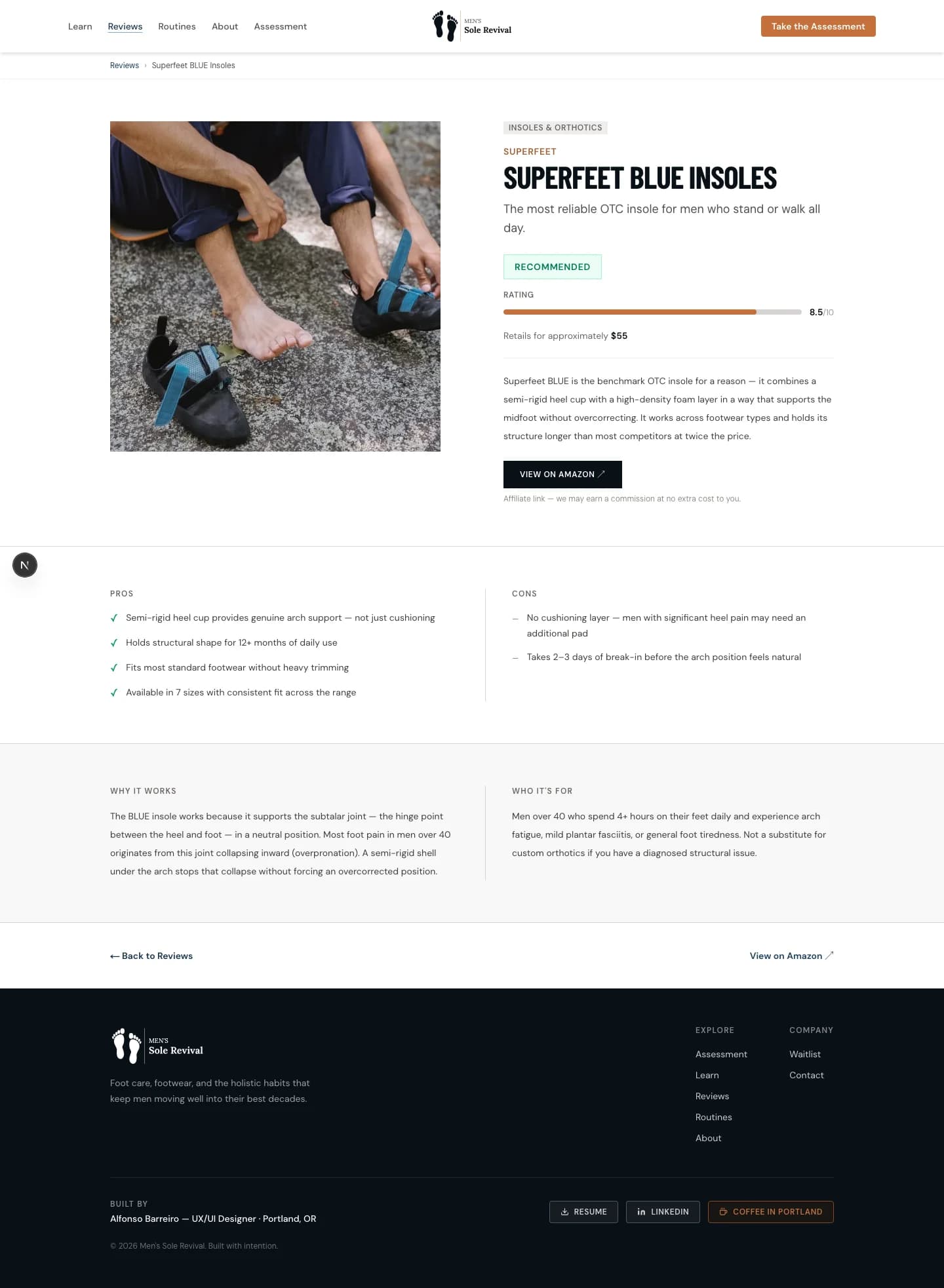 Men's Sole Revival product review. E-commerce UX patterns with specs grid, rating, and affiliate CTAs