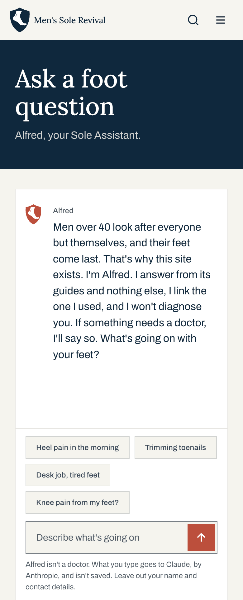 The chat version of the Ask page on a phone. Alfred introduces himself first, four starter chips sit above a one-line composer with a send arrow, and one line of fine print.