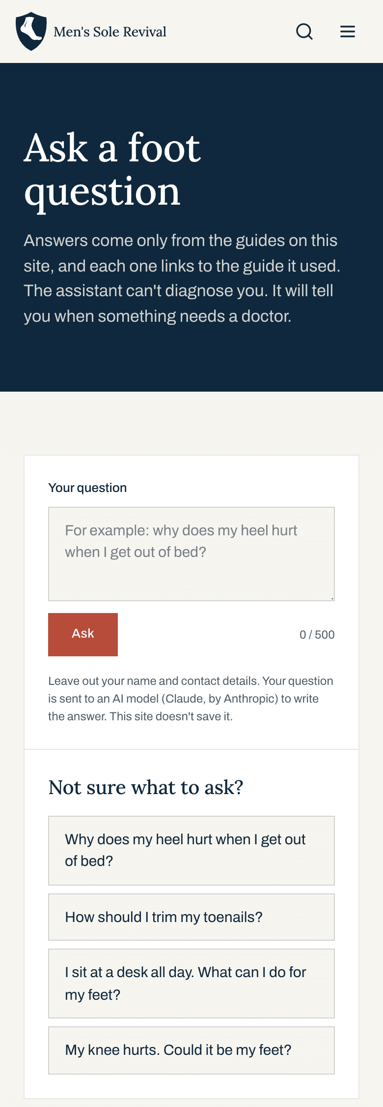 The form version of the Ask page on a phone. A “Your question” label, a text box, an Ask button, a character count, two lines of fine print, and a list of four starter questions under it.