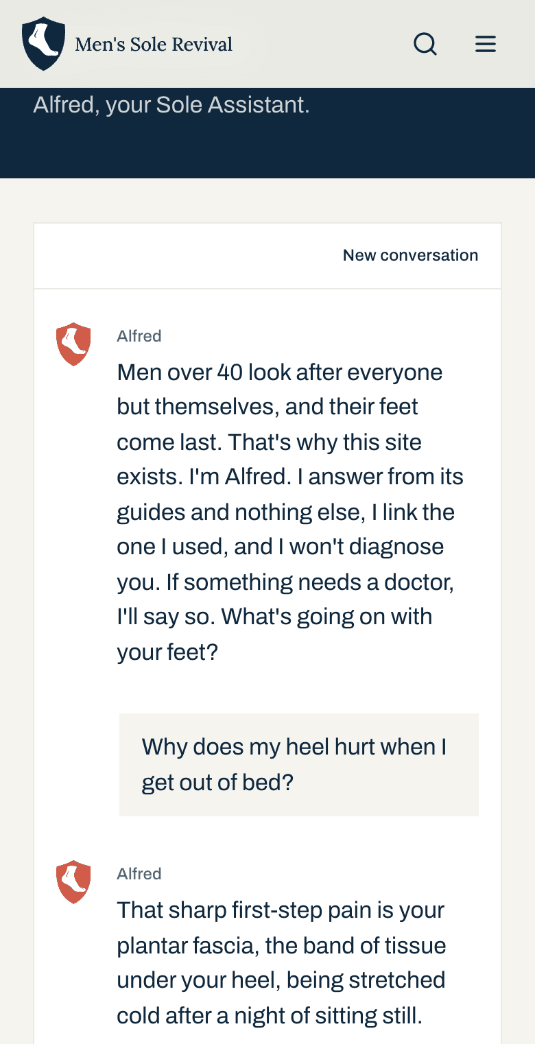 The Ask page on a phone. Alfred’s introduction, the question “Why does my heel hurt when I get out of bed?”, and the first lines of the answer.