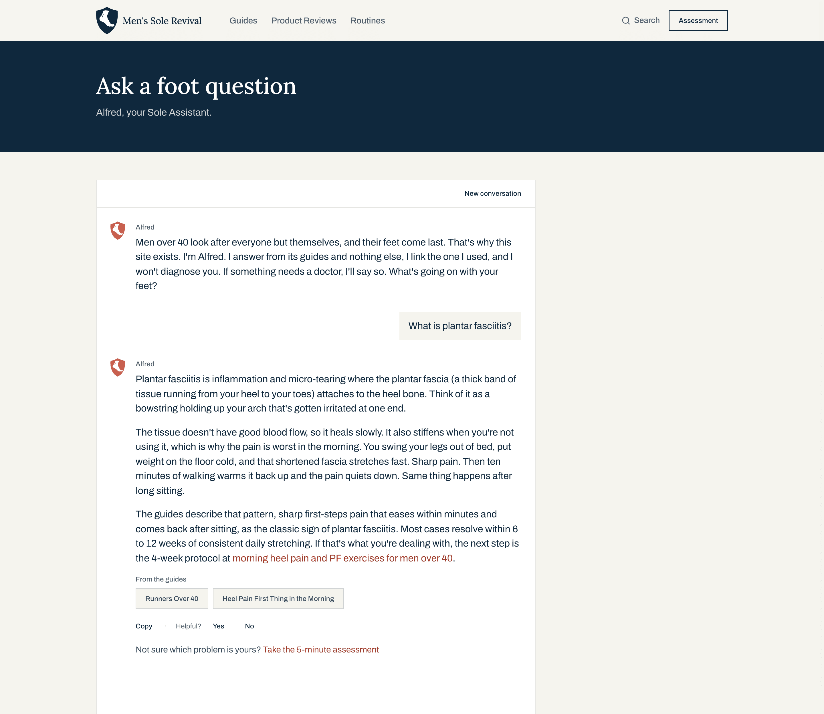 A live answer on the Ask page. Alfred’s introduction, the question “What is plantar fasciitis?”, a three-paragraph answer, and the two guides it drew from.