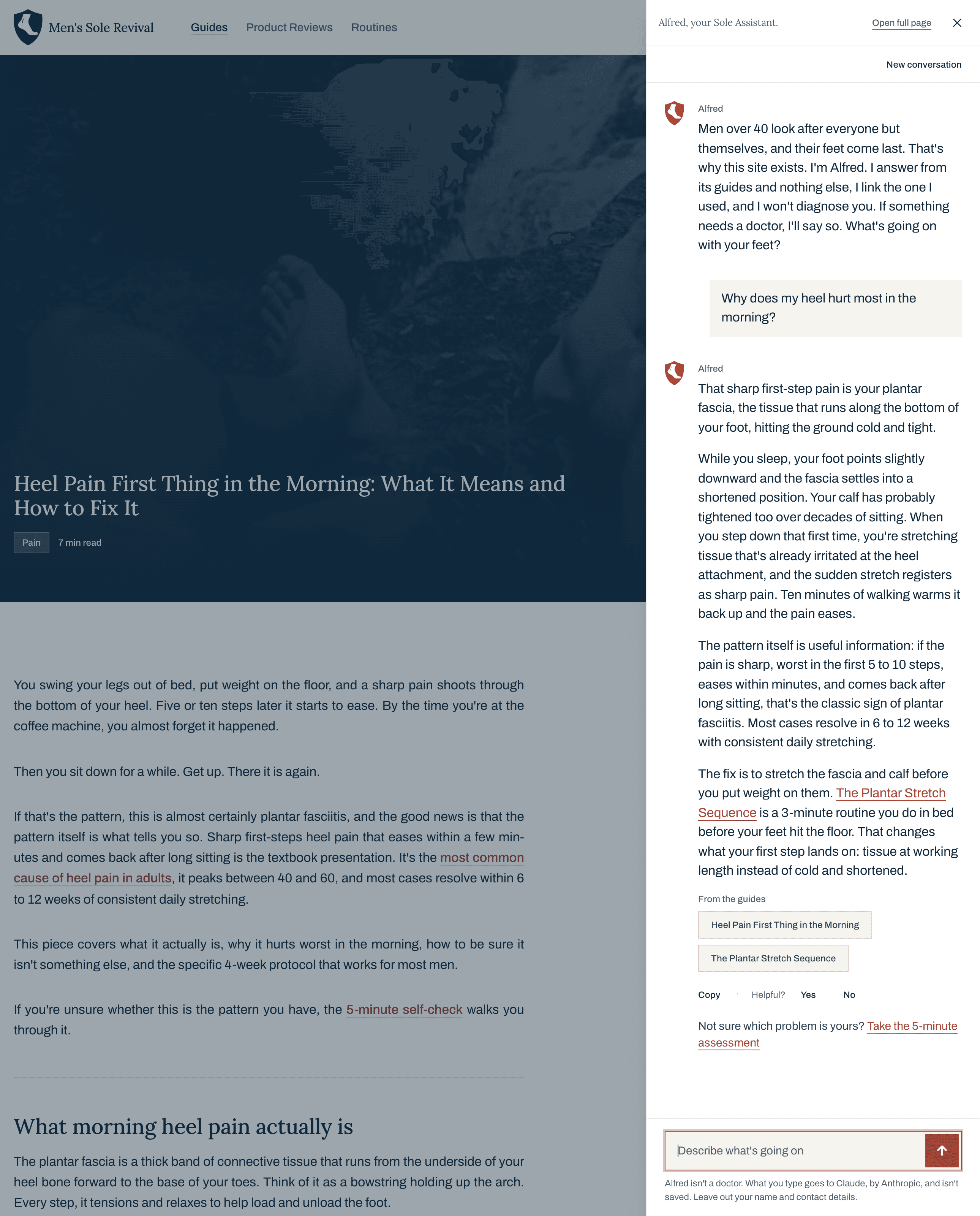 The heel pain guide with Alfred’s side panel open on the right. The panel shows the question “Why does my heel hurt most in the morning?”, a four-paragraph answer, and two source chips: the heel pain guide and the Plantar Stretch Sequence.