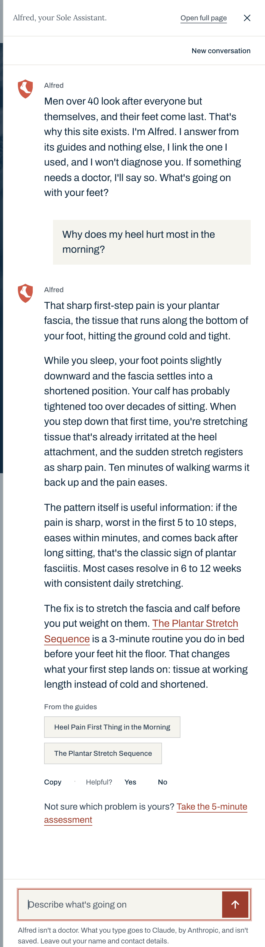 Alfred’s side panel on the heel pain guide, with the question, the answer, and two source chips.