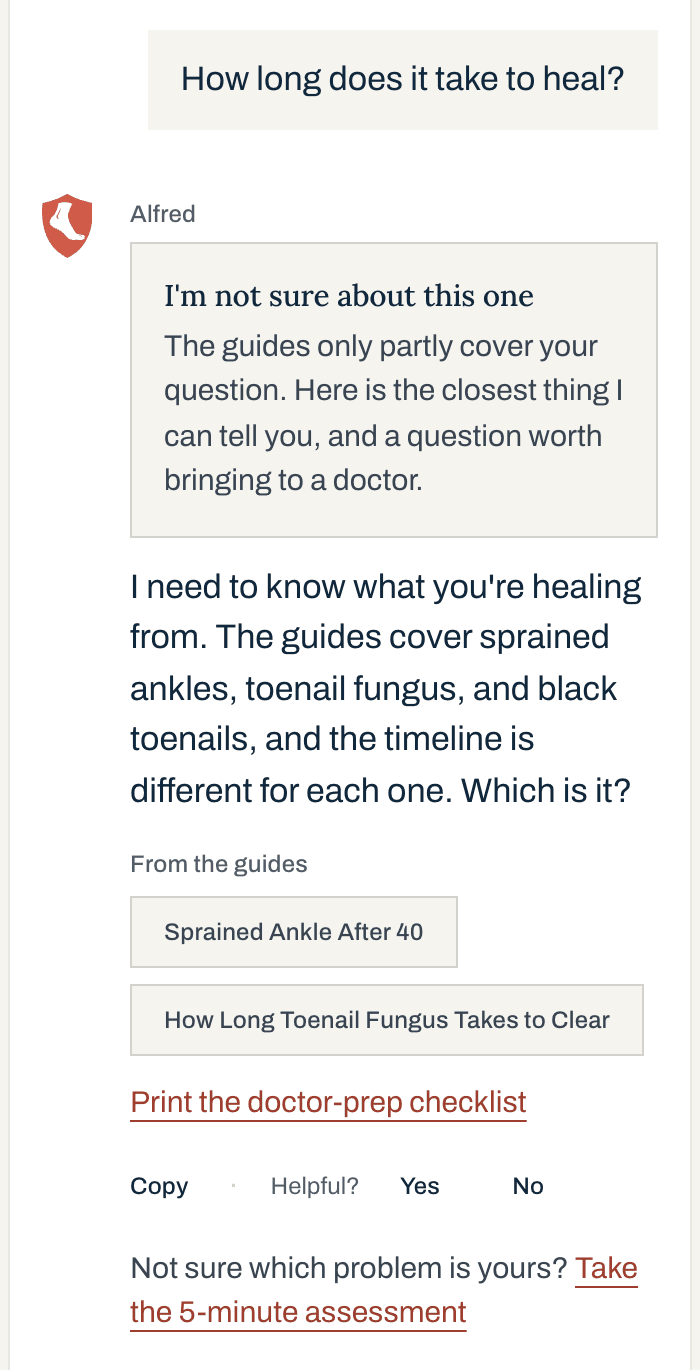“How long does it take to heal?” gets a box reading “I’m not sure about this one,” then Alfred asks what he is healing from, lists the guides that cover healing times, and links the doctor-prep checklist.