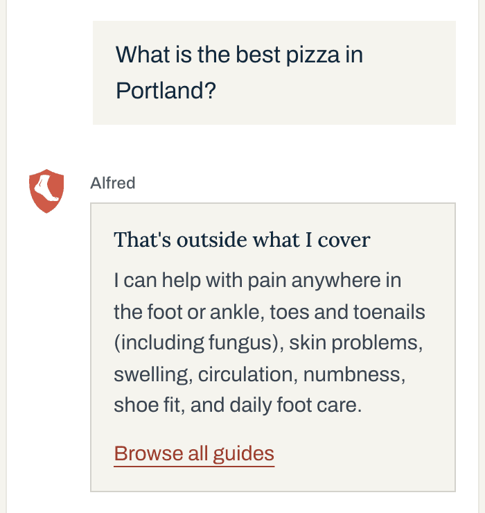“What is the best pizza in Portland?” gets “That’s outside what I cover,” a list of what the site does cover, and a link to browse all guides.
