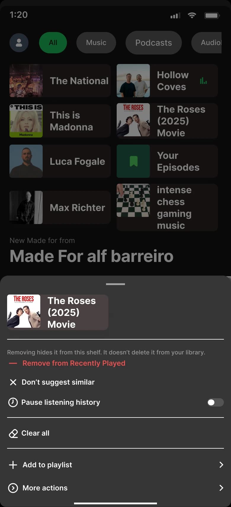 Action sheet revealing Remove, Don't Suggest Similar, Pause History, and Clear All options