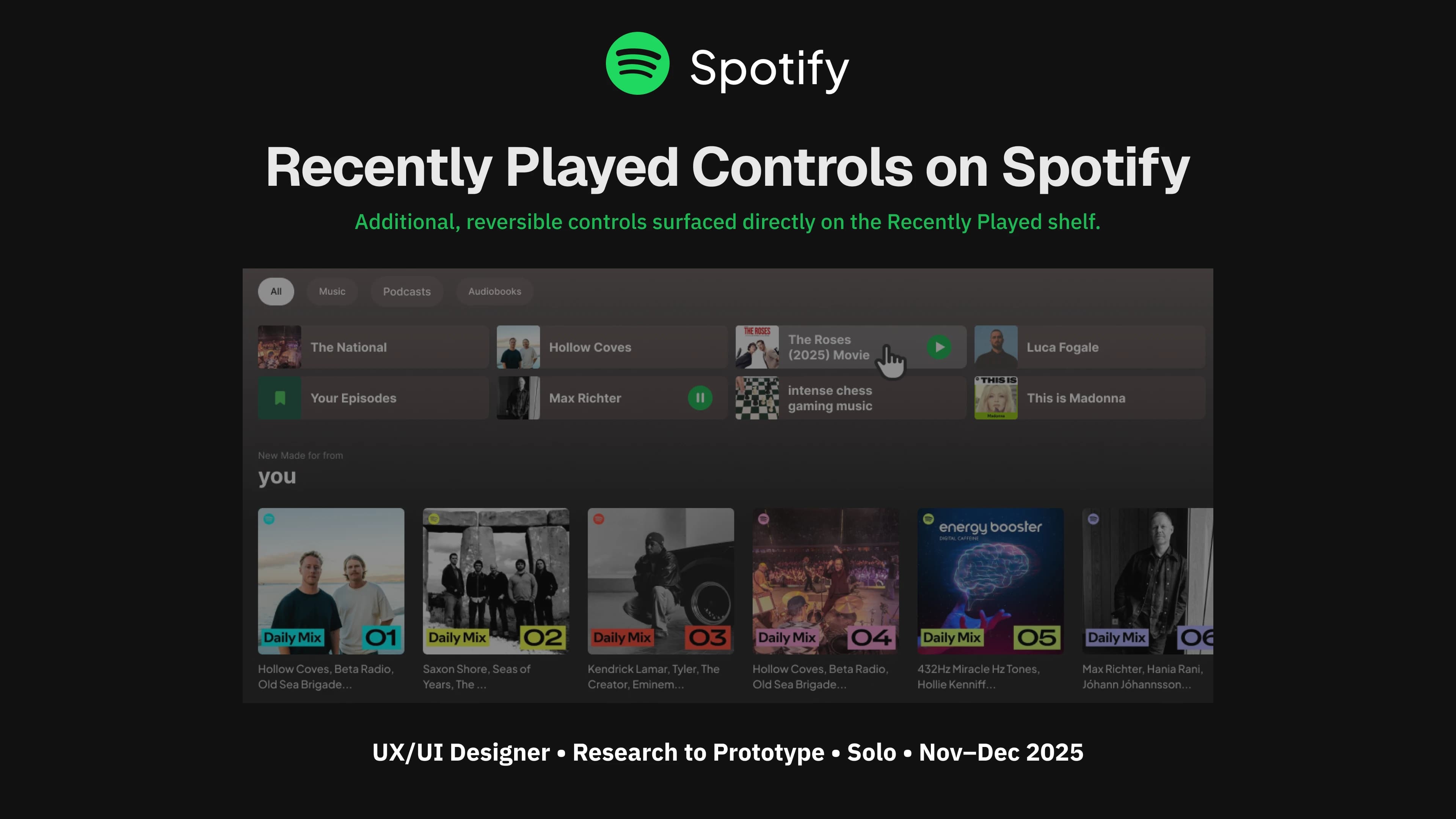 Spotify Recently Played Controls — UI preview showing Pin, Remove, and Pause controls on the Home shelf