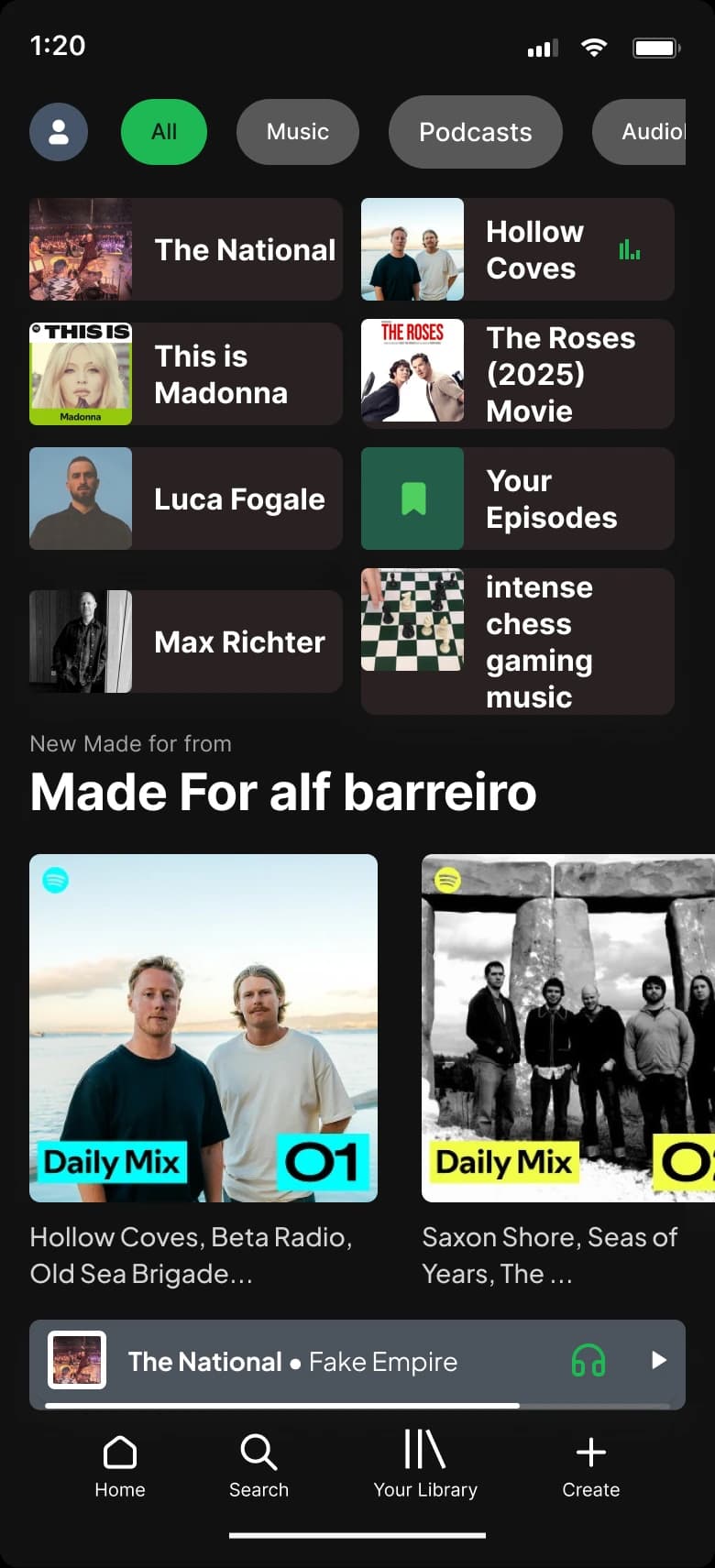 Default Spotify Home showing the Recently Played shelf — no controls visible