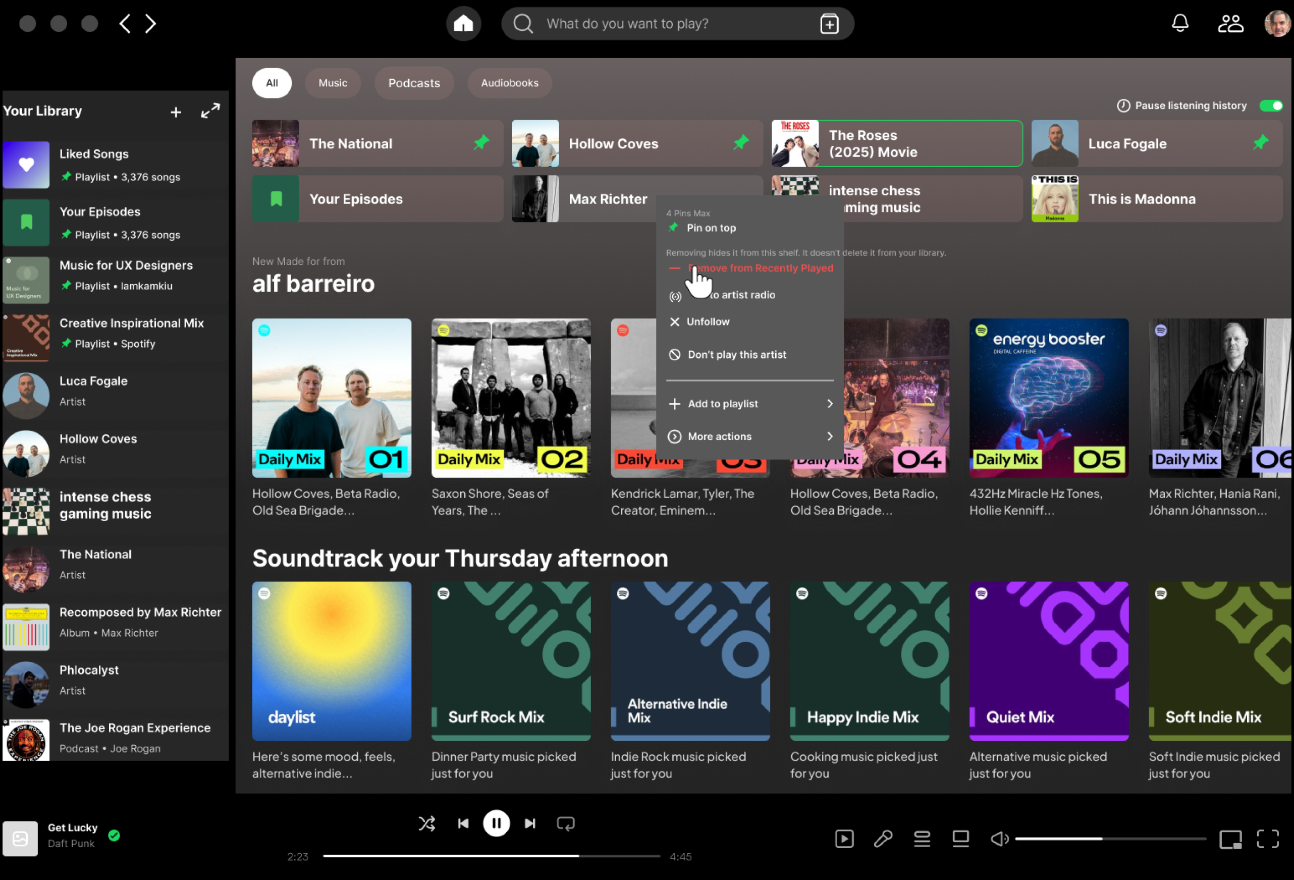 Spotify Desktop Recently Played shelf with the right-click context menu showing Pin, Remove from history, and Pause history actions.